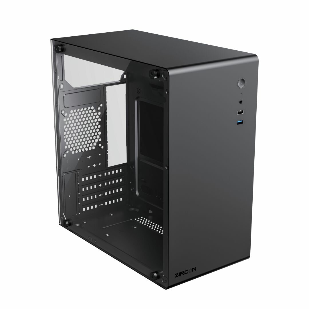 Корпус Zircon Mozart BK без БП (Черный Midi-Tower Micro-ATX Mini-ITX CPU 140мм VGA 300мм Закаленное стекло 1*USB3.0, 1*USB2.0, 1*92мм) — фото 1