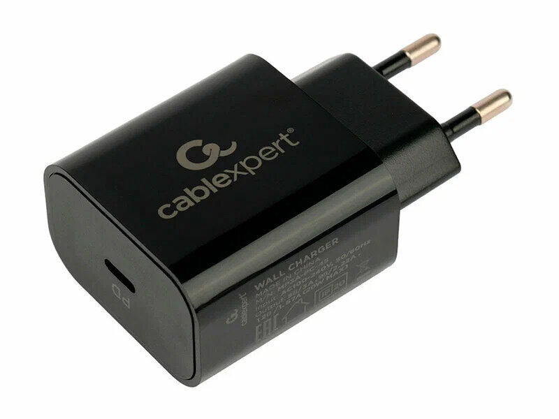 Зарядное устройство сетевое Cablexpert 20Вт, 3А, QC3.0/PD, 1 порт Type-C, черный, пакет - фото №1