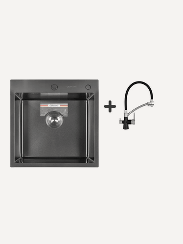 Изображение товара Комплект кухонная мойка из нержавеющей стали с PVD покрытием GERHANS K35050B со смесителем.