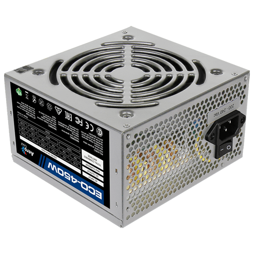 Блок питания Aerocool 450W Retail ECO-450W ATX v2.3 Haswell, fan 12cm, 400mm cable, power cord, 20+4P, 12V 4P, 1x PCI-E 6P, 2x SATA, 2x PATA, 1x FDD