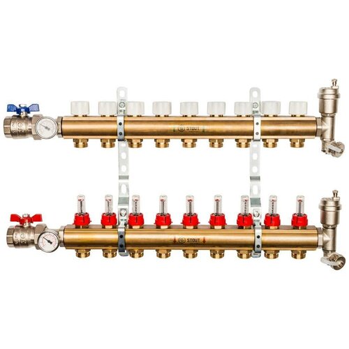 Stout Распределительный коллектор из латуни с расходомерами 9 вых.