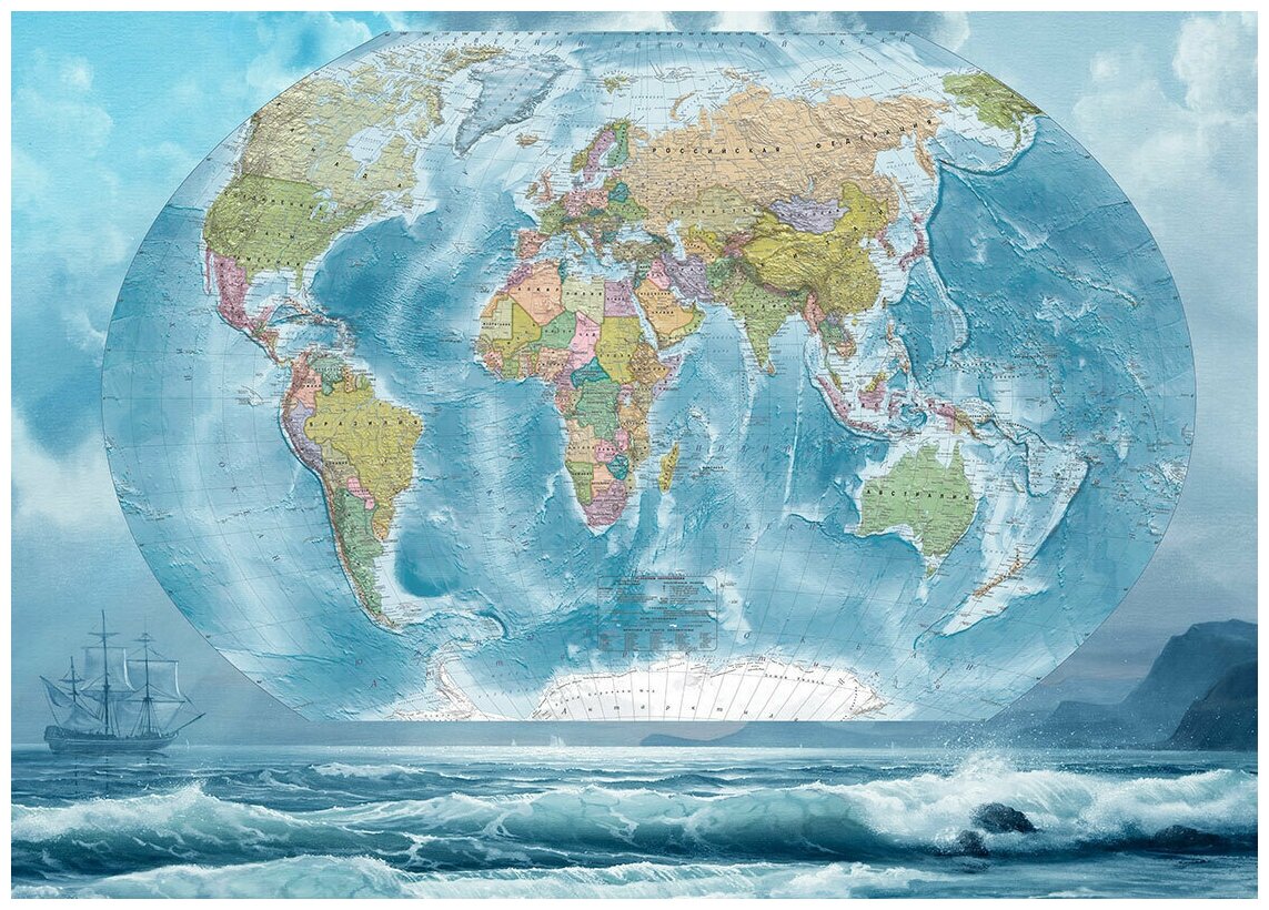 Карта мира и океан - Виниловые фотообои, (211х150 см)
