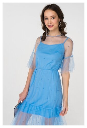 Двухслойное платье миди с оборками, расшитое бусинами ZARINA 8225064564108 Голубой 46