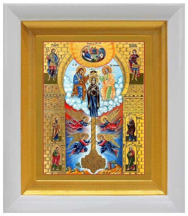 Икона Божией Матери "Ключ Разумения", белый киот 14,5*16,5 см