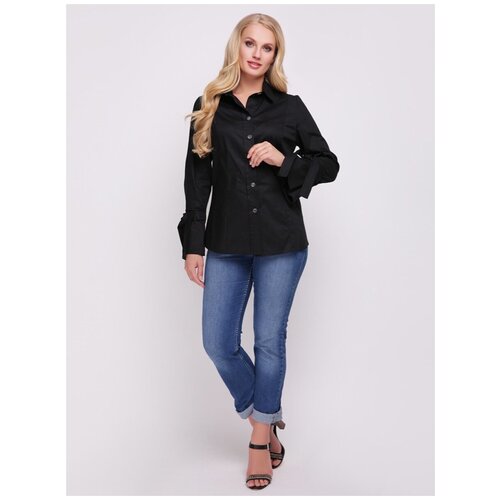 фото Хлопковая женская рубашка / черная / длинная / повседневная / классическая / с завязками / большого размера / muar