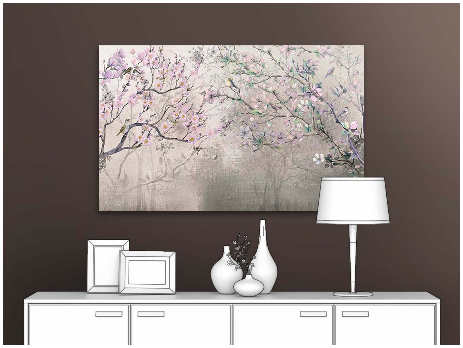 Картина на стену на холсте для интерьера первое ателье "Живописные ветки деревьев" 35х22 см (ШхВ), на деревянном подрамнике Premium