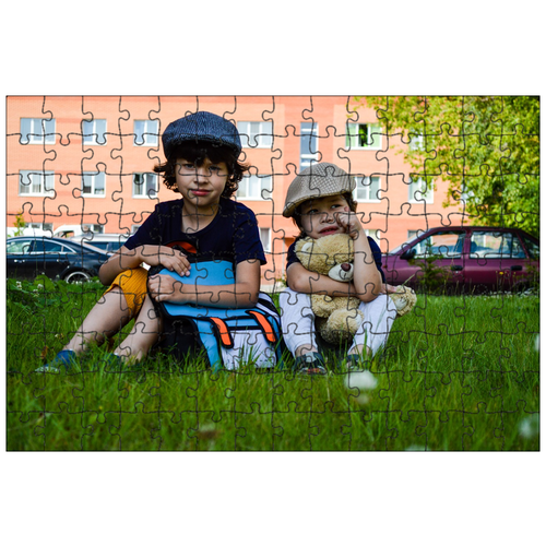 фото Магнитный пазл 27x18см."дети, рюкзак, мальчишки" на холодильник lotsprints