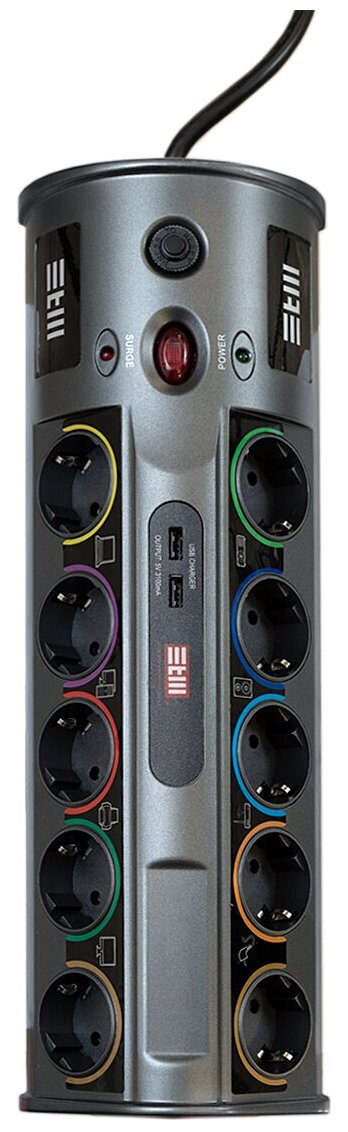 Сетевой фильтр на 10 розеток 2 USB защита от короткого замыкания 3680 Вт. PS101-NTU