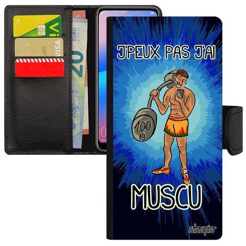 фото Чехол книжка на мобильный // galaxy a50 // "не могу - у меня бодибилдинг!" комикс карикатура, utaupia, синий