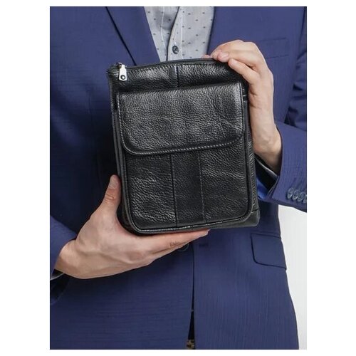 фото Сумка планшет повседневная, натуральная кожа, внутренний карман, черный, коричневый floerino
