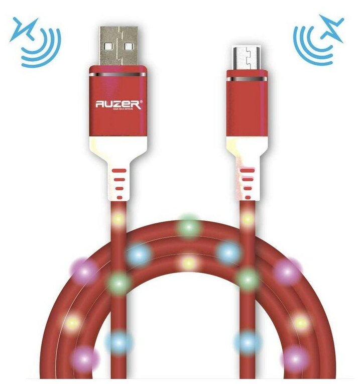 Кабель USB 2.0 A - micro USB 5pin (m-m), с микрофоном и иллюминацией , оптоволокно, Auzer ACI-M6PK (Pink)