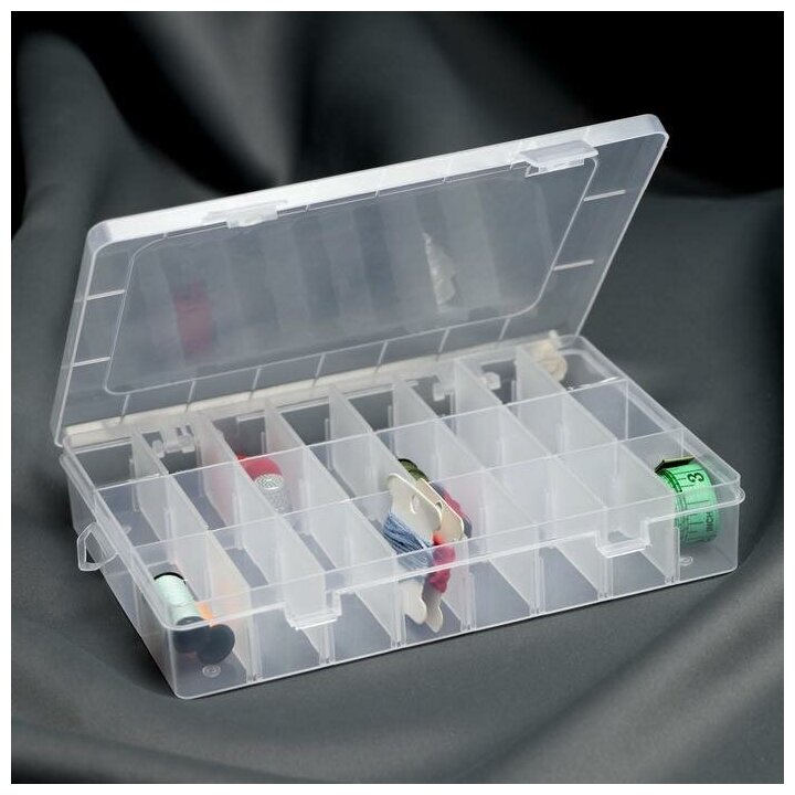 Органайзер для рукоделия, со съёмными ячейками, 24 отделения, 19,5 × 13,5 × 3,5 см, цвет прозрачный