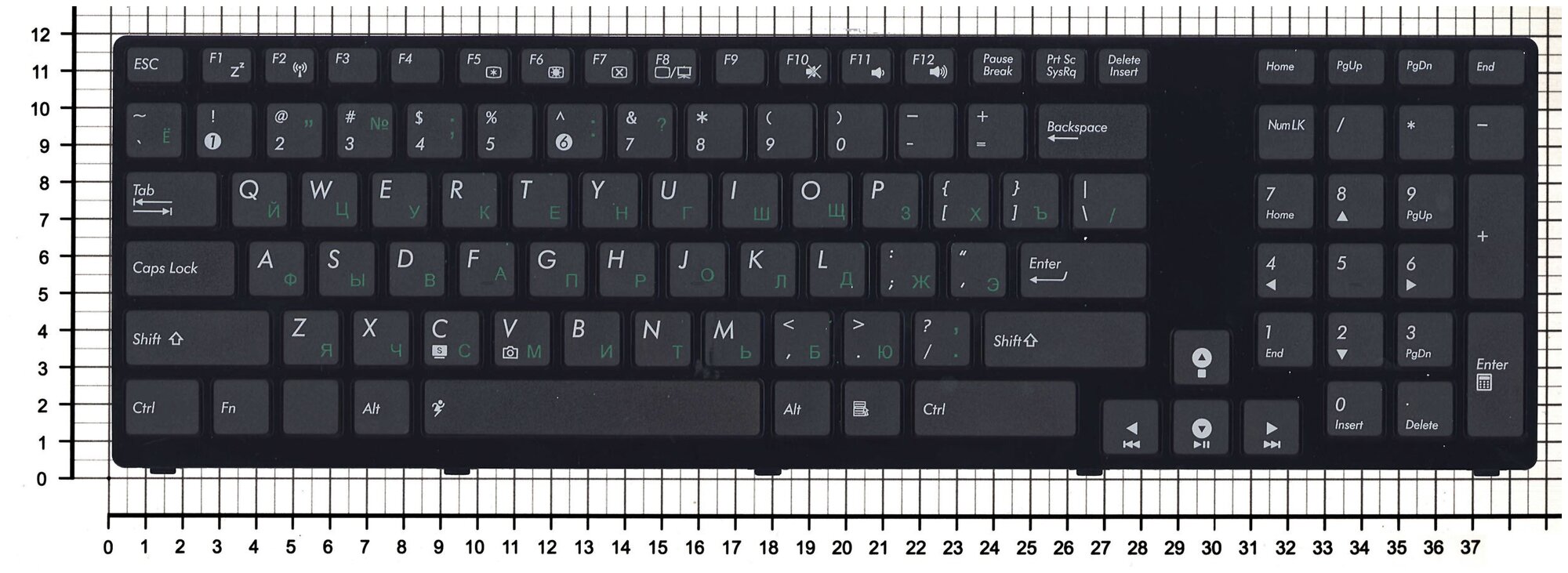 Клавиатура для ноутбука Asus K93 черная с черной рамкой плоский Enter
