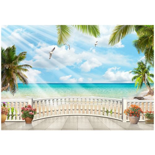 Фотообои Уютная стена Балкон с видом на пляж 390х270 см Виниловые Бесшовные (единым полотном)