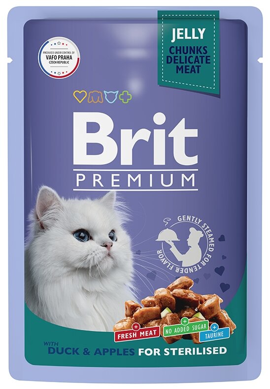 Brit Premium пауч для стерилизованных кошек и котов (кусочки в желе) (Утка с яблоками, 85 г.) - фото №3