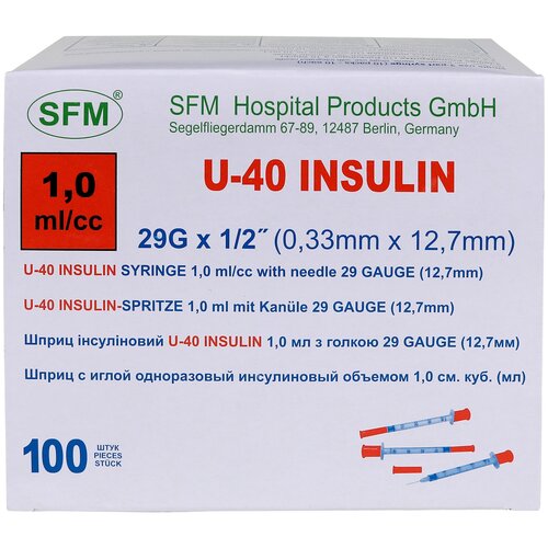 Шприц инсулиновый 1,0 мл со шкалой U-40 с интегрированной иглой 0,33х12,7 (29 G) SFM 100 штук