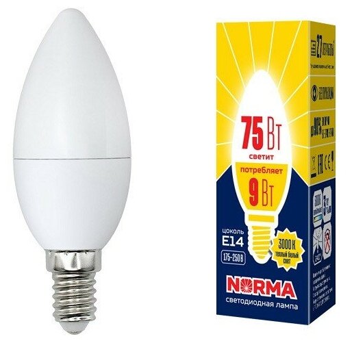 Лампы светодиодные Volpe LED-C37-9W/WW/E14/FR/NR картон, цена за 1 шт