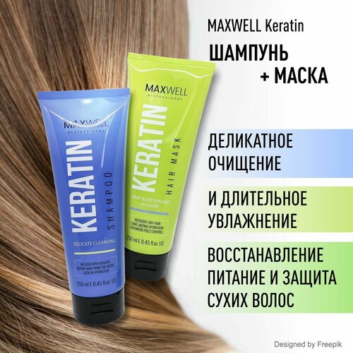 Комплект для домашнего ухода MAXWELL Keratin Shampoo 250 ml + Keratin Mask 250 ml шампунь увлажняющий для домашнего ухода maxwell result shampoo 250 ml