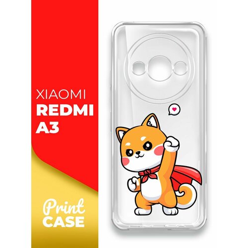 Чехол на Xiaomi Redmi A3 (Ксиоми Редми А3), прозрачный силиконовый с защитой (бортиком) вокруг камер, Miuko (принт) Котик Супермэн чехол на xiaomi redmi a3 ксиоми редми а3 прозрачный силиконовый с защитой бортиком вокруг камер miuko принт мишка скейт
