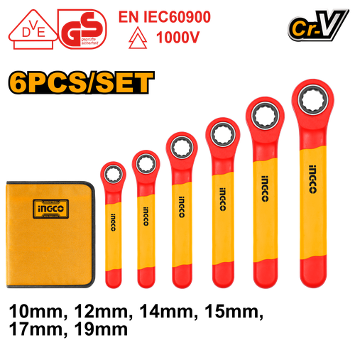 ключ торцевой ingco industrial 10 14 мм hysw101214 Набор диэлектрических накидных трещоточных ключей INGCO HKISPA0603 INDUSTRIAL 10-19 мм 6 шт.