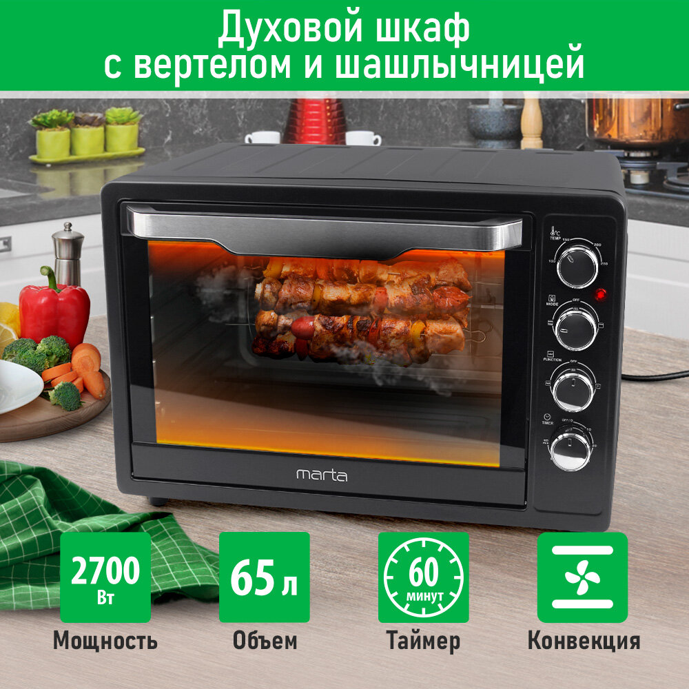 фото Мини-печь MARTA MT-EO4291A (65 литров, конвекция + шашлычница + вертел) черный жемчуг
