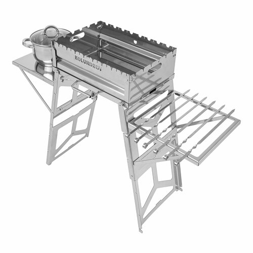Столик боковой 2 шт для мангала Складень и Дипломат KOLUNDROV из нержавейки, полка для гриля и барбекю, подставка для шампуров, казана, сковороды и кастрюли