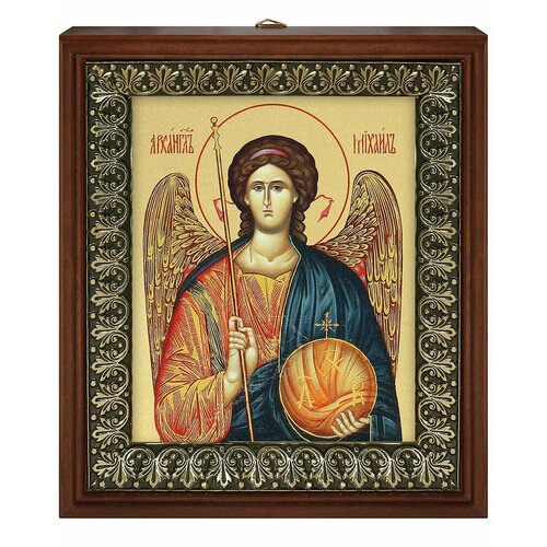 Икона Архангел Михаил 1 на золотом фоне в рамке со стеклом (размер изображения: 13х16 см; размер рамки: 18х20,7 см).