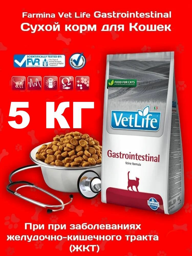 Сухой корм Farmina Vet Life GastroIntestinal Cat, для кошек при нарушениях пищеварения, 5кг