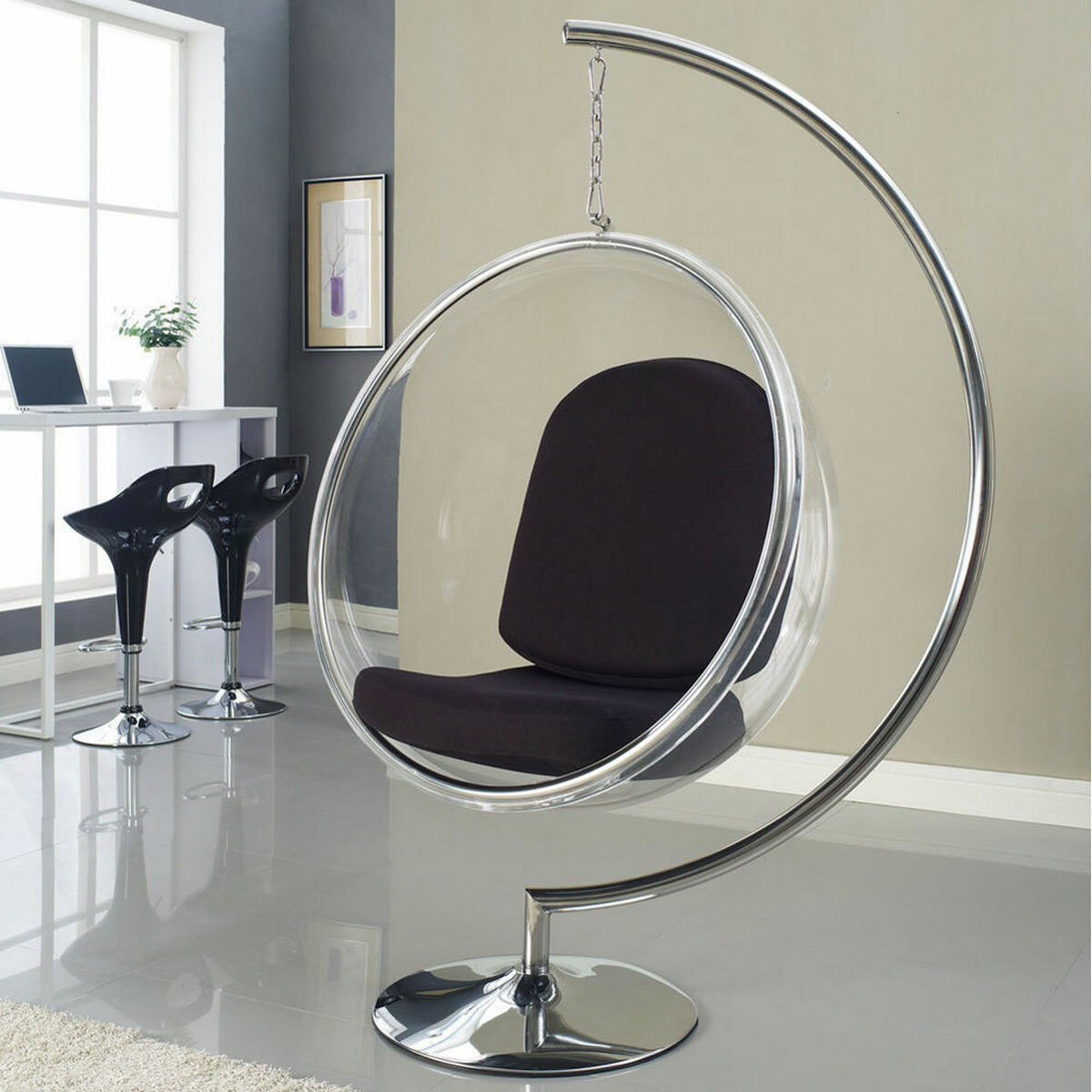 Кресло пузырь Bubble Chair Base, подвесное на ножке размер 106 см (черный, лён, хром)