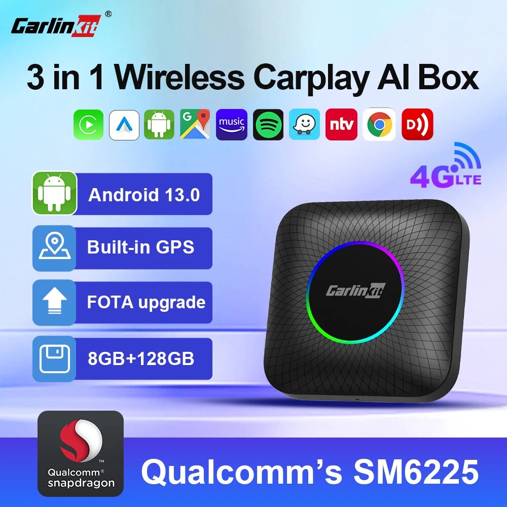 Carlinkit Android Auto Wireless Carplay Android 13 Ai Box QCM6225 8-ядерный разделенный экран 128G Smart TV Box для Netflix Youtube GPS, Android 13 EAU, 4GB 64GB — фото 1