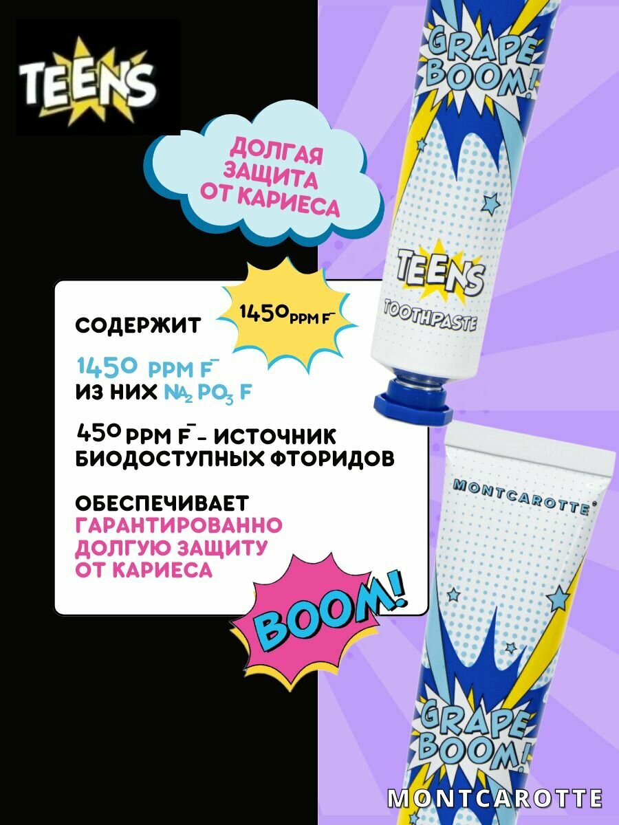 Зубные Пасты Xiaomi Зубная паста MontCarotte Grape BOOM, со вкусом винограда, для детей и взрослых 7+, 50 мл, Монткаротт, Италия