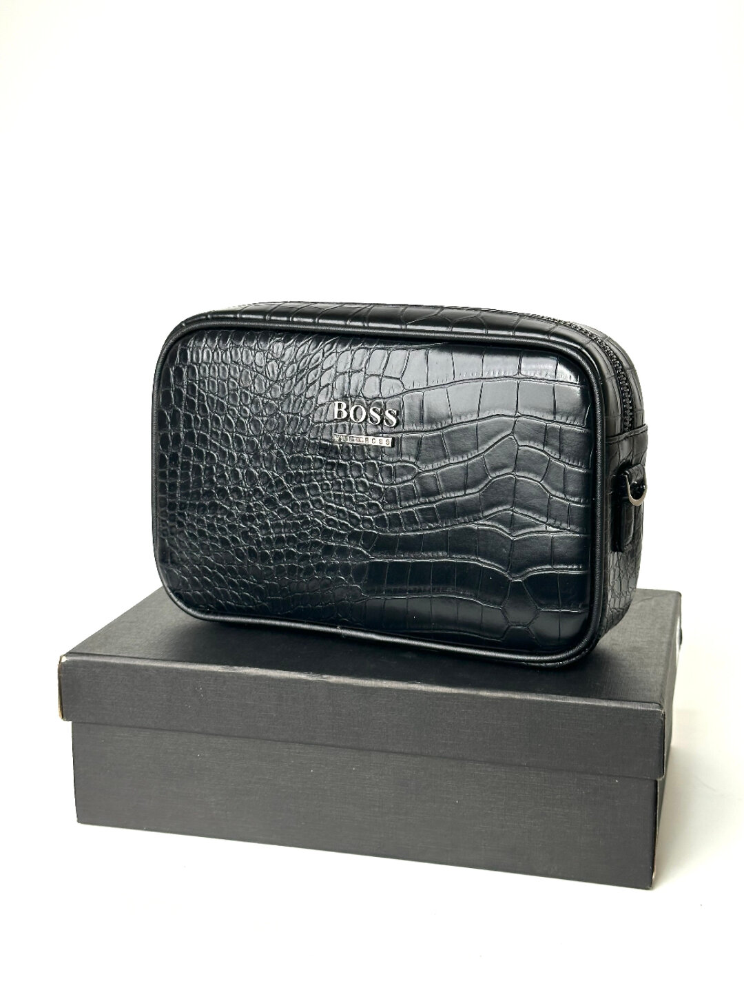 Сумка  BOSS Croco Secure Zip, фактура под рептилию, гладкая, black croco
