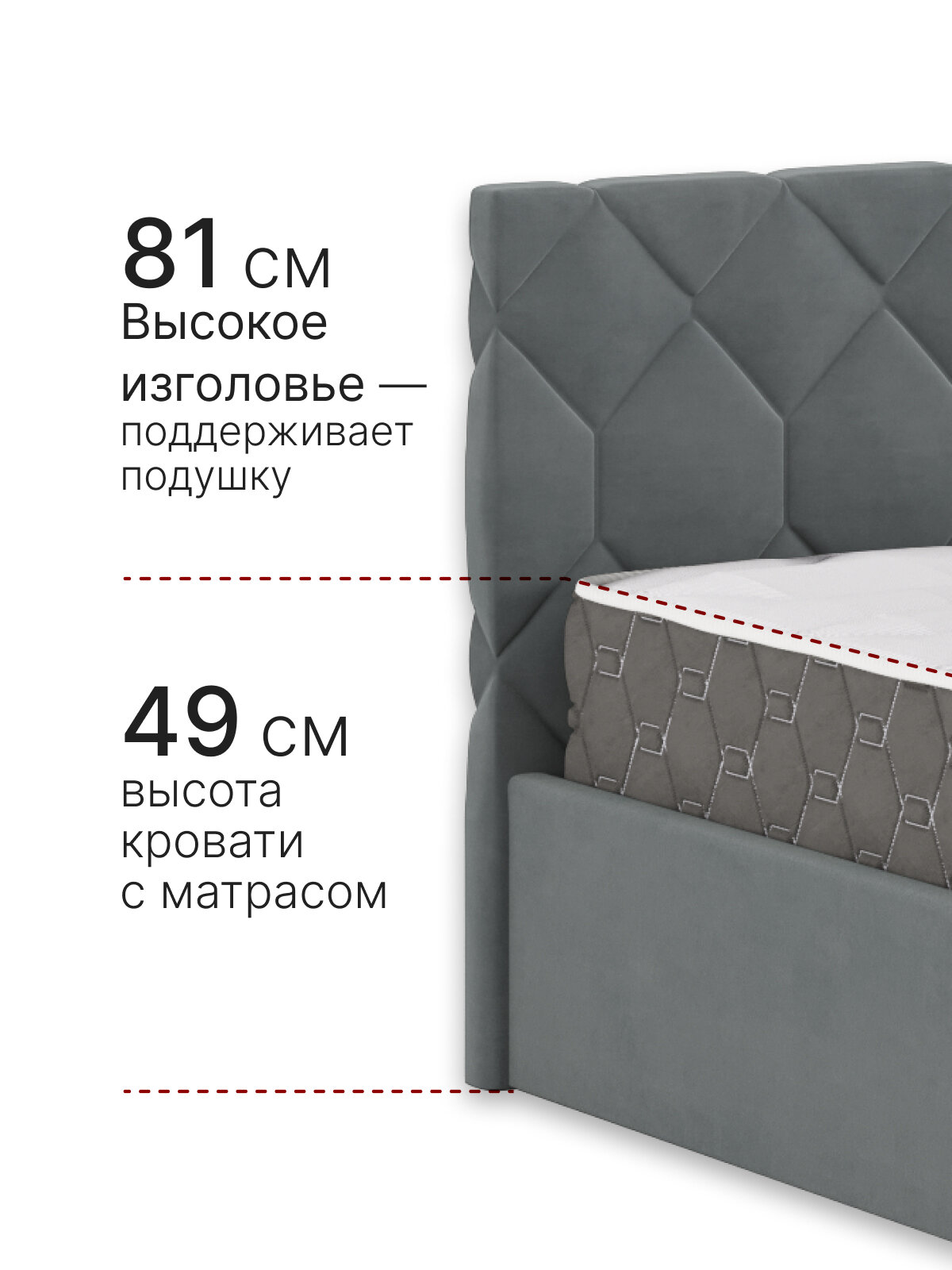 Кровать с матрасом в рулоне высотой 25см, кровать 160х200 c подъемным механизмом и бельевым ящиком Техас темно-серый — фото 1