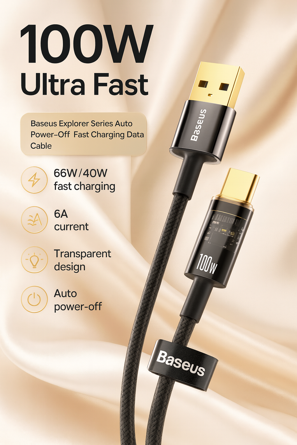 USB кабель BASEUS CASX000201 100W Display, USB-A на USB-C, быстрая зарядка, 1м