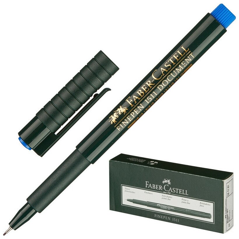Ручка капиллярная (линер) FABER-CASTELL "Finepen 1511", синяя, корпус темно-зеленый, линия письма 0,4 мм, 151151