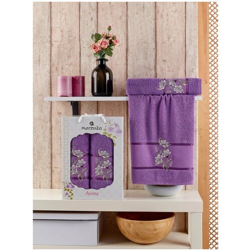 фото Подарочный набор полотенец для ванной 50х90, 70х140 merzuka avone хлопковая махра фиолетовый merzuka (турция)
