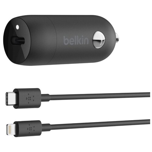 фото Зарядное устройство belkin автомобильное зарядное устройство belkin 20в, usb-c + кабель usb-c - lightning, черный