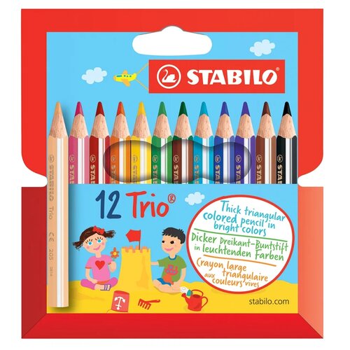 Карандаши цветные 12 цветов Stabilo Trio Jumbo (L=87мм, D=9мм, d=4.2мм, 3гр, укороченные) картонная упаковка (205/12-01)