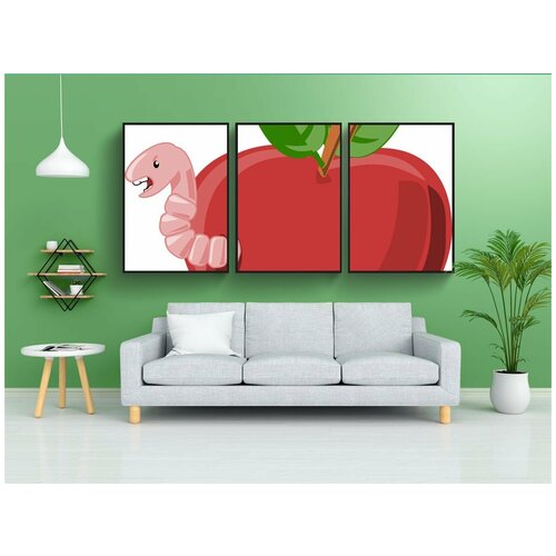 фото Набор модулных постеров для интерьера "яблоко, красный, червь" 60x90 см. в тубусе, без рамки lotsprints
