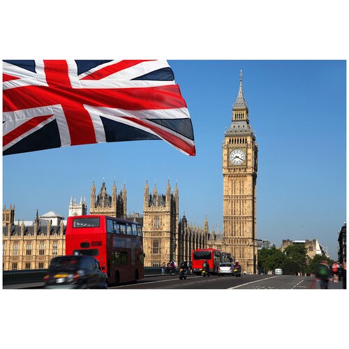 Фотообои Уютная стена Британский флаг на фоне Биг-Бена. Лондон. Англия 410х270 см Виниловые Бесшовные (единым полотном)