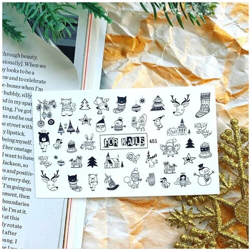 Слайдер (водные наклейки) для дизайна ногтей FN451 Зима Новый Год На белый фон