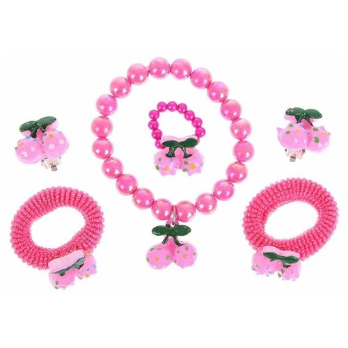 фото Комплект детский "выбражулька" 5 предметов: 2 резинки, клипсы, браслет, кольцо, вишенки, цвет микс сима-ленд