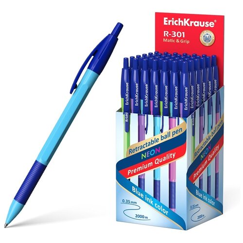 Ручка шариковая ErichKrause R-301 Neon Matic & Grip, узел 0.7 мм, автоматическая, стержень синий, корпус микс (4 цвета)./В упаковке шт: 50
