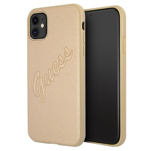 фото Guess чехол guess pu saffiano script embossed logo hard для iphone 11, золотой