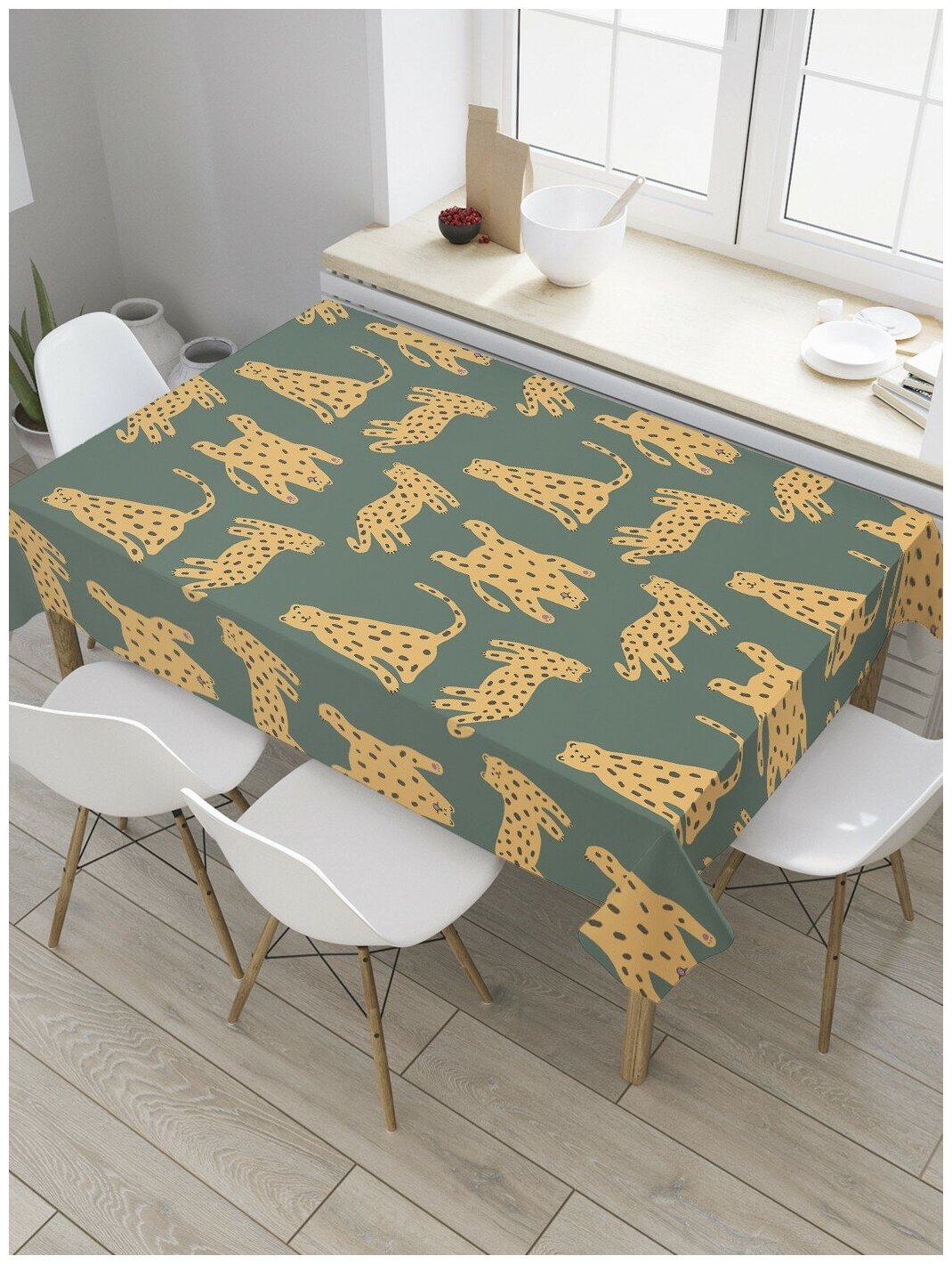 Скатерть прямоугольная JoyArty на кухонный стол "Стая леопардов" из оксфорда, 120x145 см