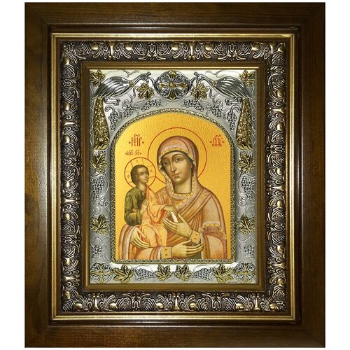 Троеручица икона Божией Матери, 14х18 см, в окладе и киоте троеручица старинная писанная икона божией матери в окладе 28 х 32 х 7 см