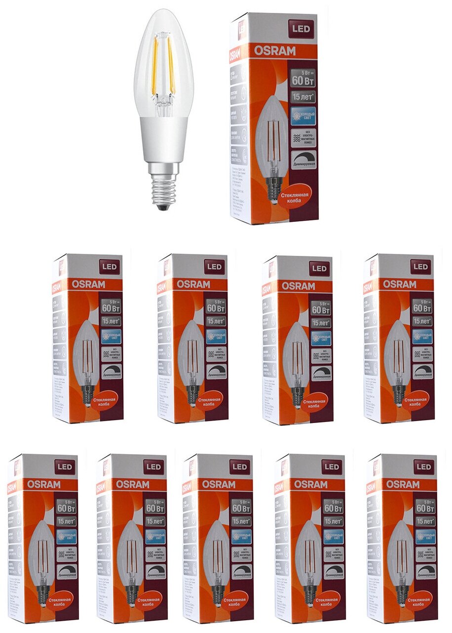 Лампочка светодиодная OSRAM Свеча B E14 5Вт 220В 600Лм 4000К Дневной белый Филаментная Диммируемая упаковка 10шт