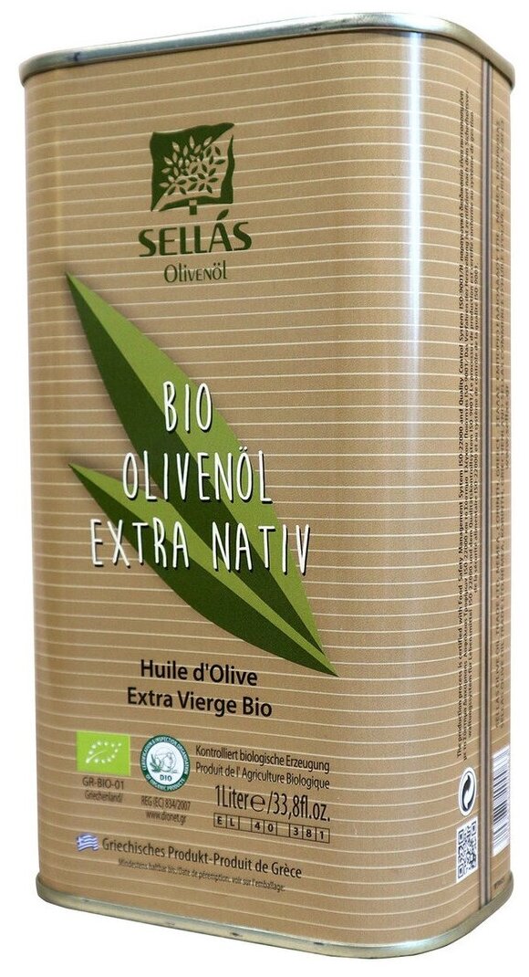 Оливковое масло Sellas Organic (Bio) 1л, 0,2% (Греция, Пелопоннес, органическое, Extra Virgin, жесть)