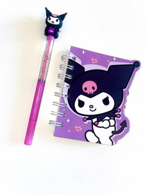Подарочный набор мини блокнотик KUROMI фиолетовый с закладками 10*12 см и ручкой с кристаллами