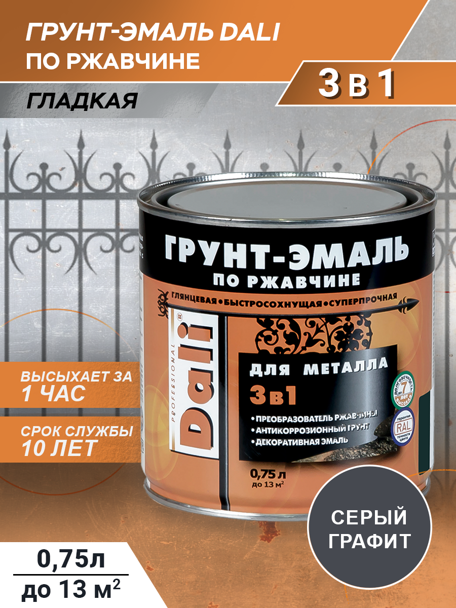 Грунт-эмаль гладкая по ржавчине Dali, серый графит RAL 7024, 0,75л